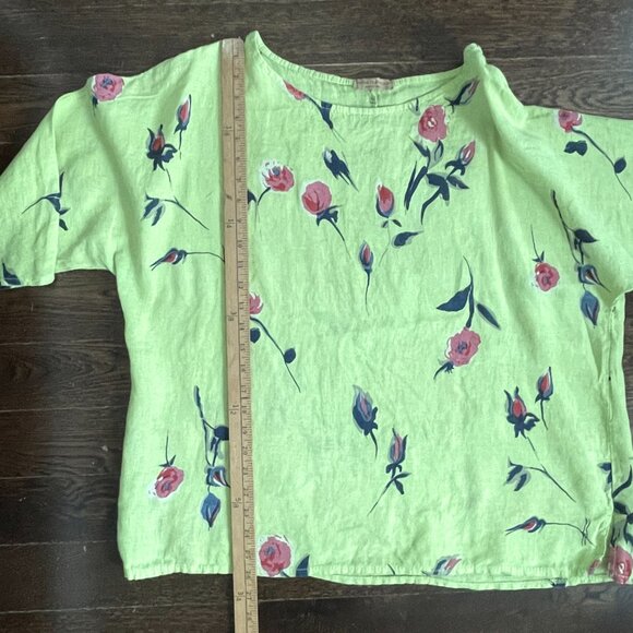 Lime Green Floral 100% Linen Tunic Top Blouse-Made in Italy-Size Large - Picture 7 of 8